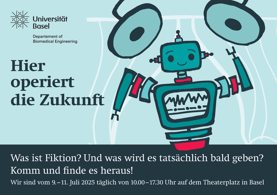 Flyer Vorderseite: Hier operiert die Zukunft. Untertitel: Was ist Fiktion? Und was wird es tatsächlich bald geben? Komm und finde es heraus!